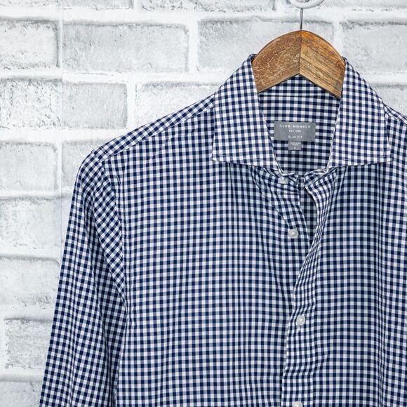 Club Monaco Men's Slim Fit Button up Shirt in Blue ginham check size Small - Picture 5 of 5
